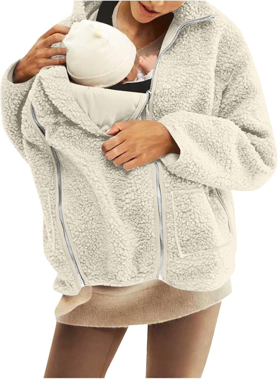 SYDUZAX Umstandsjacke mit Babyeinsatz Warm Teddy Fleecejacke Umstands Baumwolljacke Winter Umstandsm