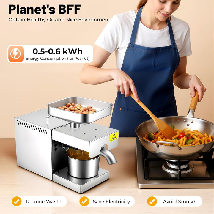 600W Elektrische Ölpresse Edelstahl, Temperaturkontroll Ölmühle | Automatische Ölgewinnung mit Ölauf