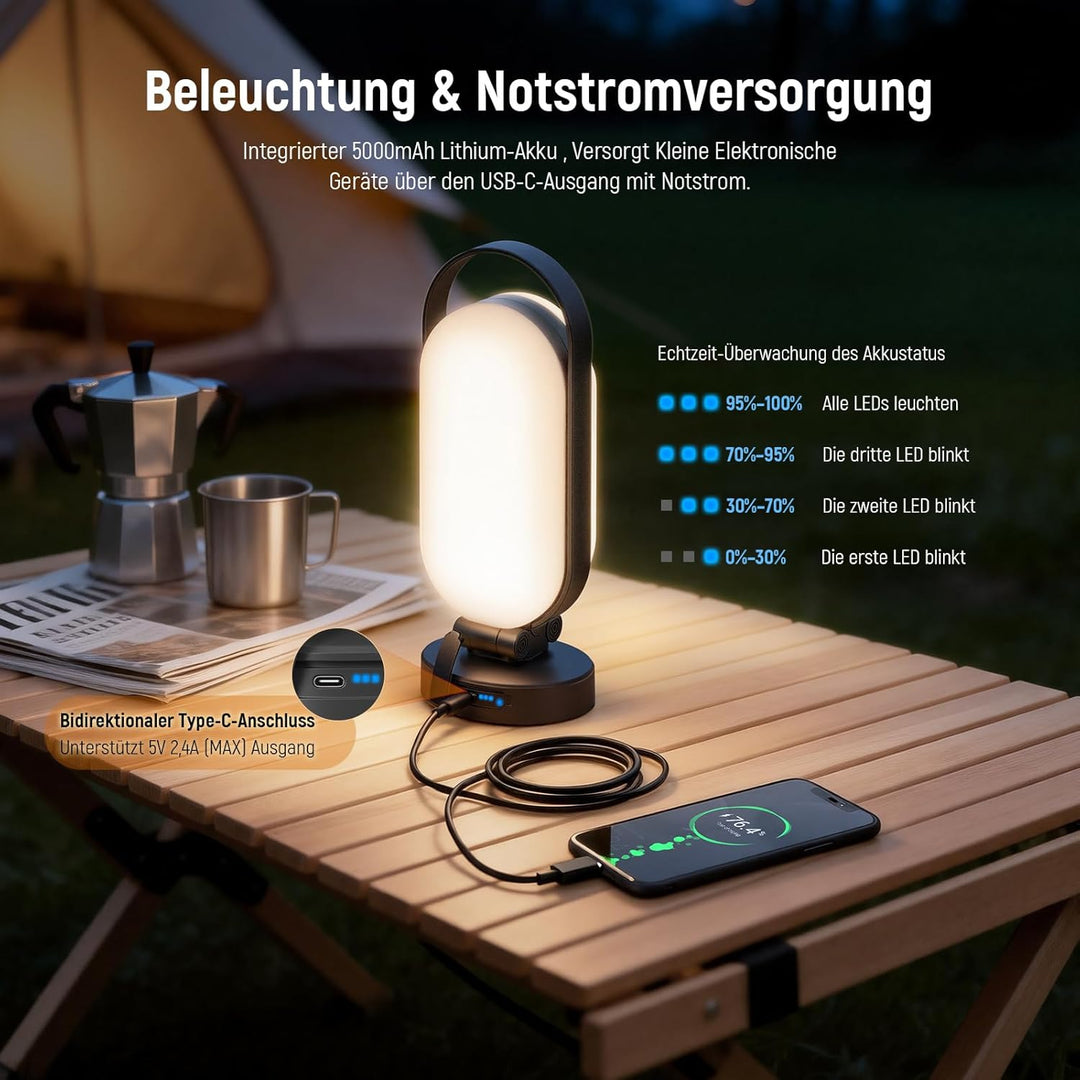 Campinglampe Solar, LED Solar Camping Laterne mit 5000mAh Notstrom Ladegerät, 4 Modi, Dimmbar Touch,