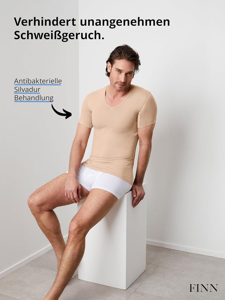 FINN Anti-Schweiss Shirt Herren mit V-Ausschnitt und Rücken-Einsatz – Unterhemd gegen Schwitzen mit