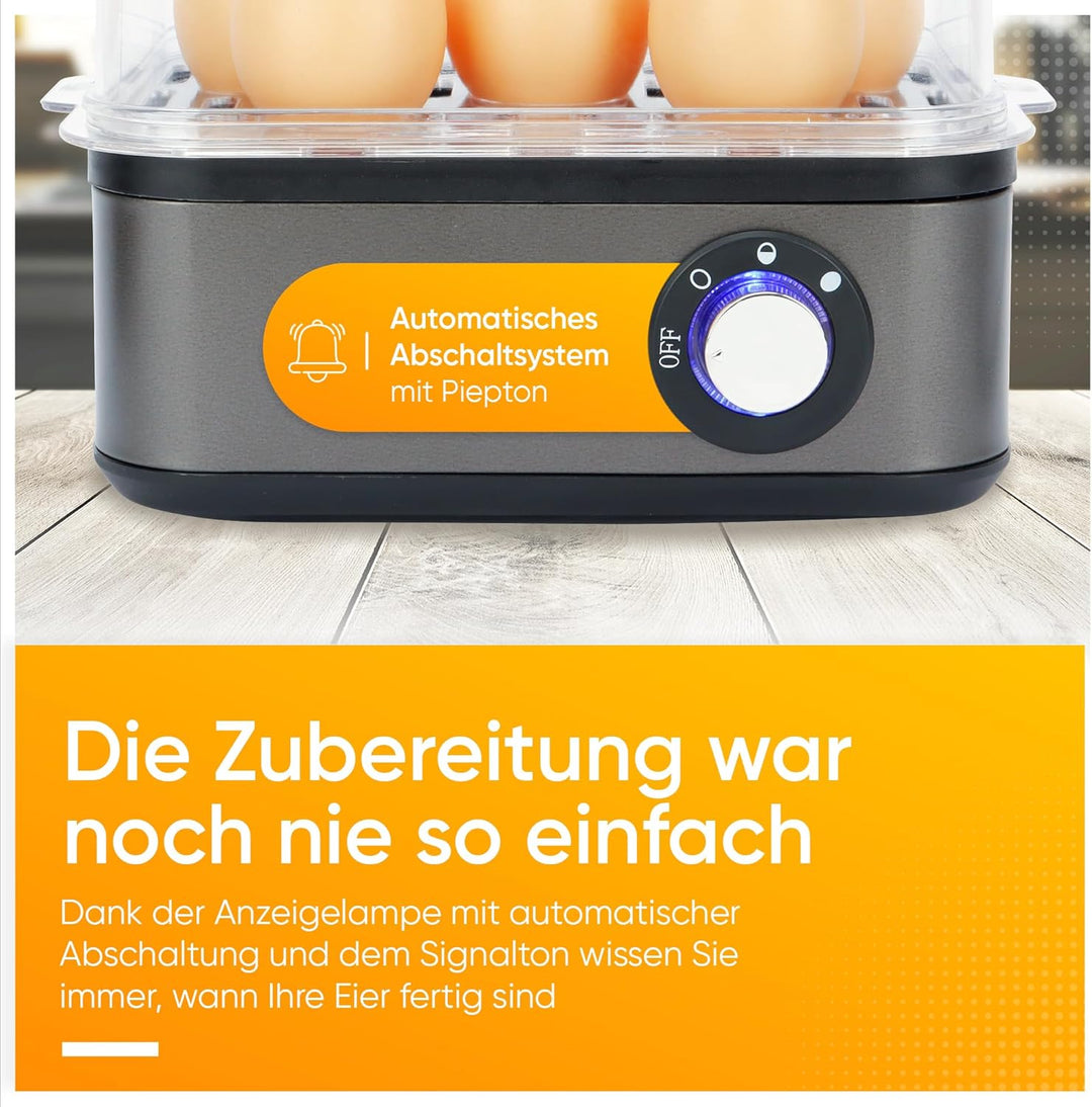 Eierkocher Edelstahl für 1 bis 8 Eier mit elektronischer Kochzeitüberwachung, inkl. Messbecher mit E