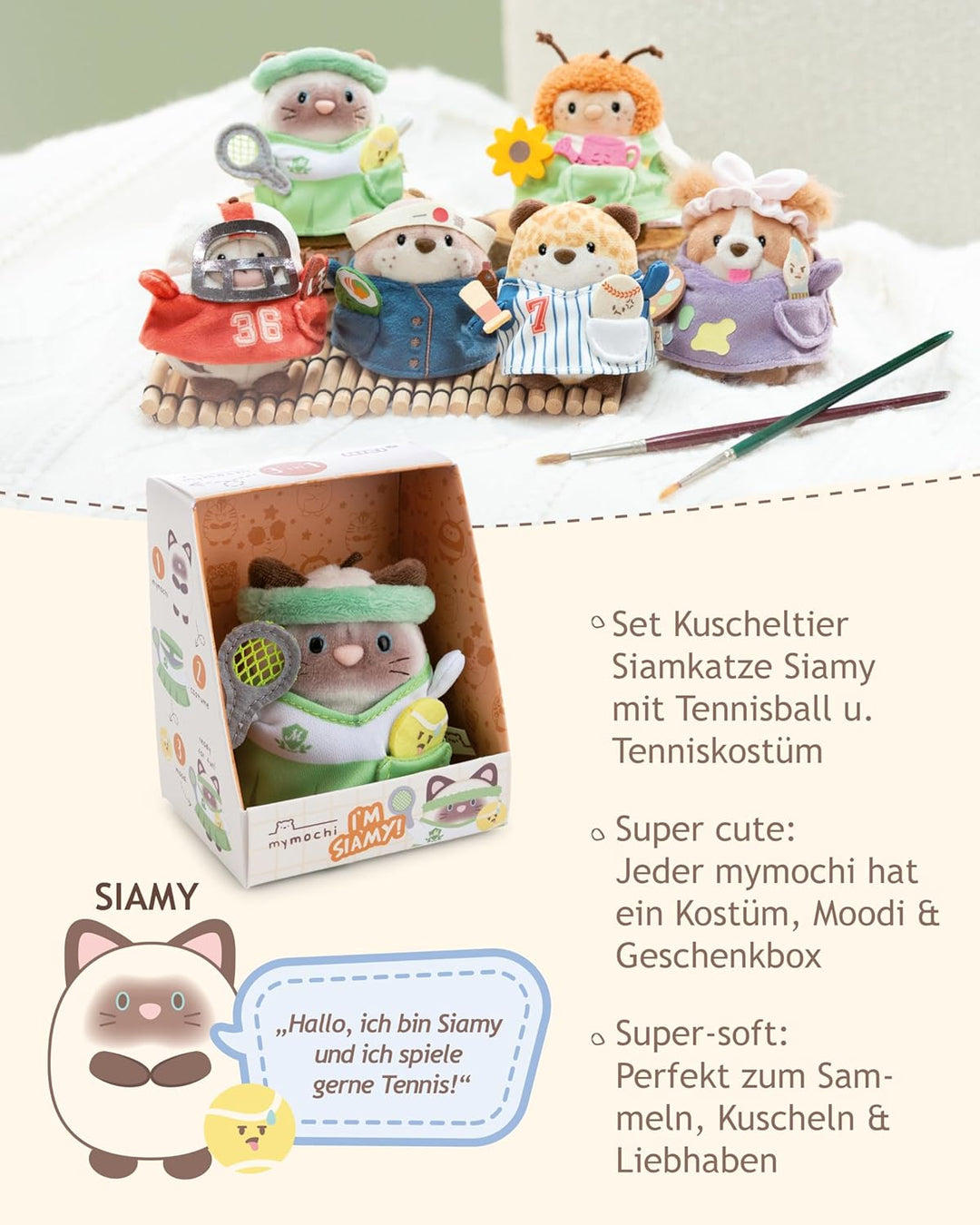 NICI Set Kuscheltier Siamkatze Siamy 8cm mit Tennisball & Tenniskostüm in Geschenkbox 8,5x6,5x10cm -