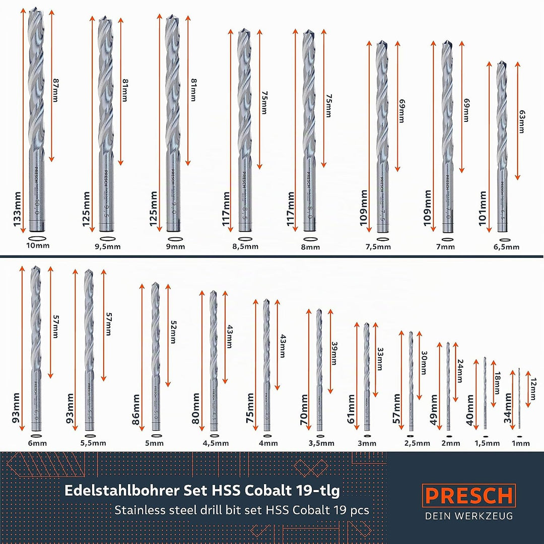 Presch Metallbohrer Set HSS Cobalt 19-tlg - Edelstahl Bohrersatz - Hochwertiges Bohrer Set für Metal