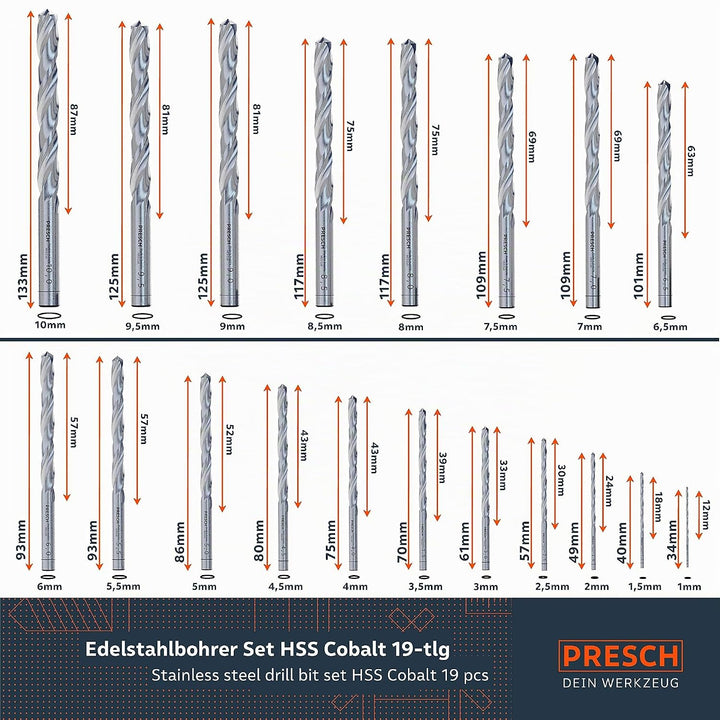Presch Metallbohrer Set HSS Cobalt 19-tlg - Edelstahl Bohrersatz - Hochwertiges Bohrer Set für Metal