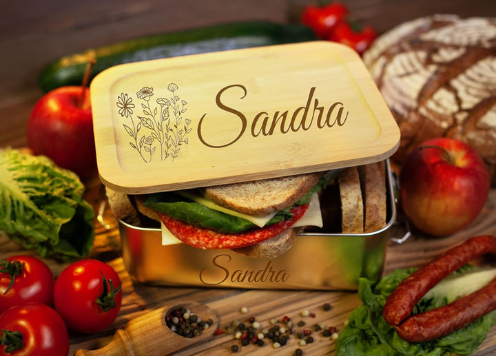 Personalisierte Edelstahl Lunchbox mit Gravur - 1200 ml - Lunchbox mit Name, Bento Box für Kinder, E