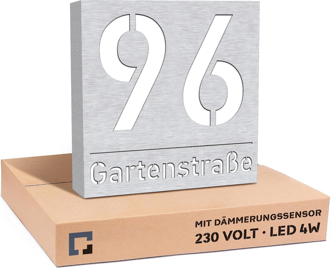 Hausnummer Beleuchtet Led 30x30cm 230V Strom Grosse aus Aluminium mit Gravur Strassenname Personalis