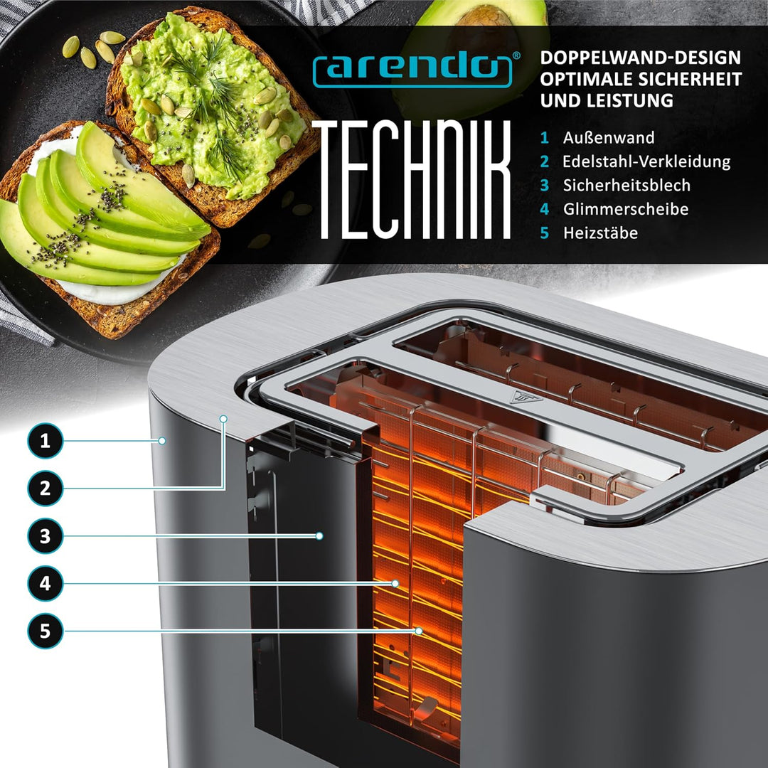 Arendo - Edelstahl Toaster 2 Scheiben - Touchscreen – Doppelwandgehäuse – 800 W – Integrierter Brötc