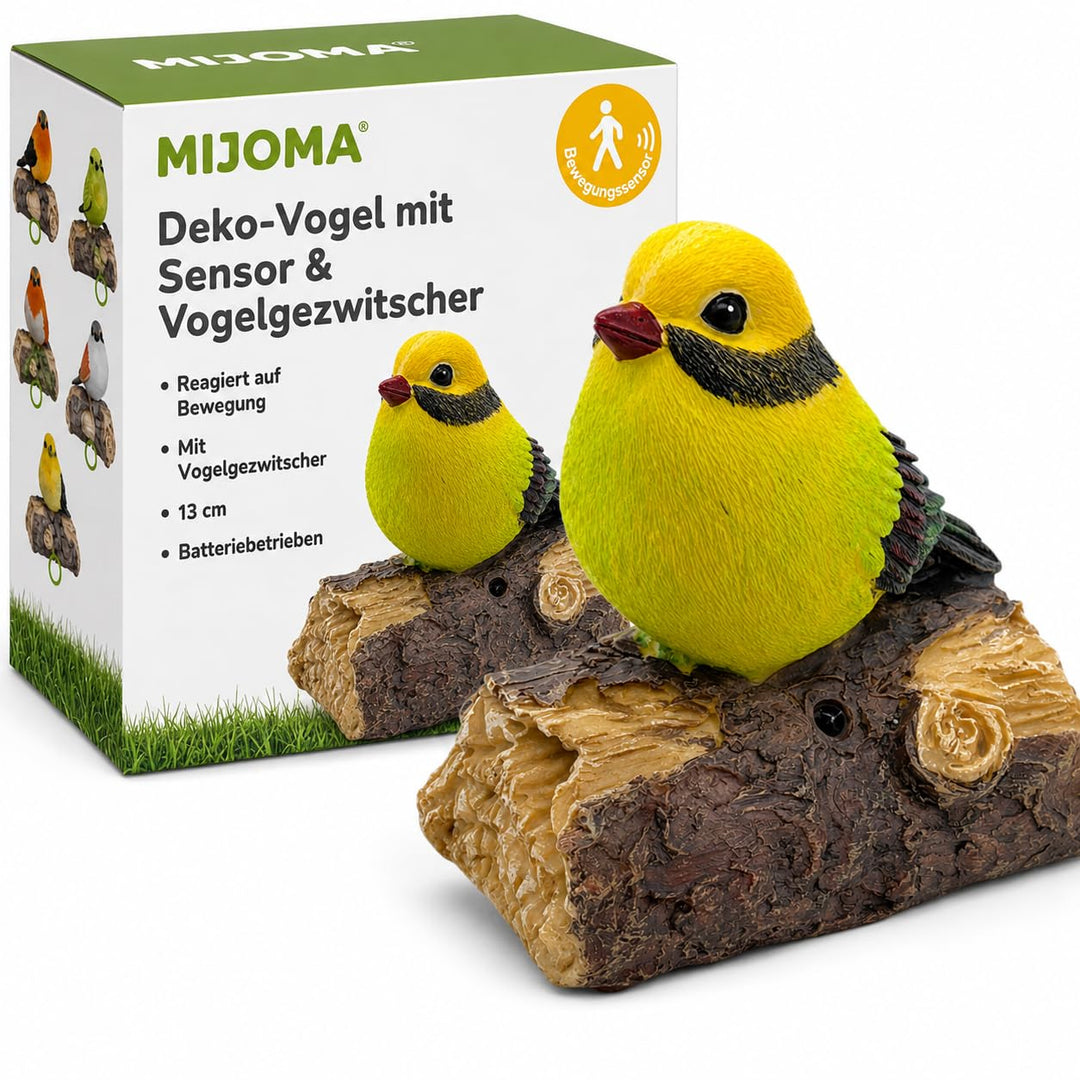 MIJOMA Dekovogel mit Vogelgezwitscher & Bewegungsmelder – Zwitschernder Vogel auf AST, Handbemalt, 1