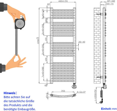 EMKE Handtuchheizkörper Elektrisch 1200x400 mm, Gebogen Badheizkörper Handtuchhalter Seitenanschluss