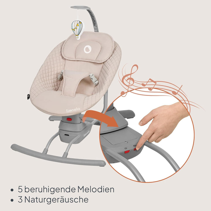 LIONELO RIO Elektrische Babywippe für Kleinkinder bis zu 9 kg Verstellbare Rückenlehne, 3 Wiegegesch
