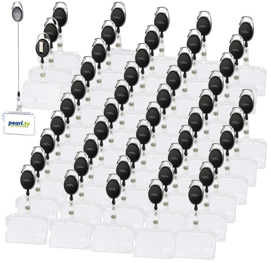 General Office Ausweis-Hülle: 50er-Set Ausweishüllen aus Hartplastik, 60-cm-Jojo-Befestigungs-Clip (