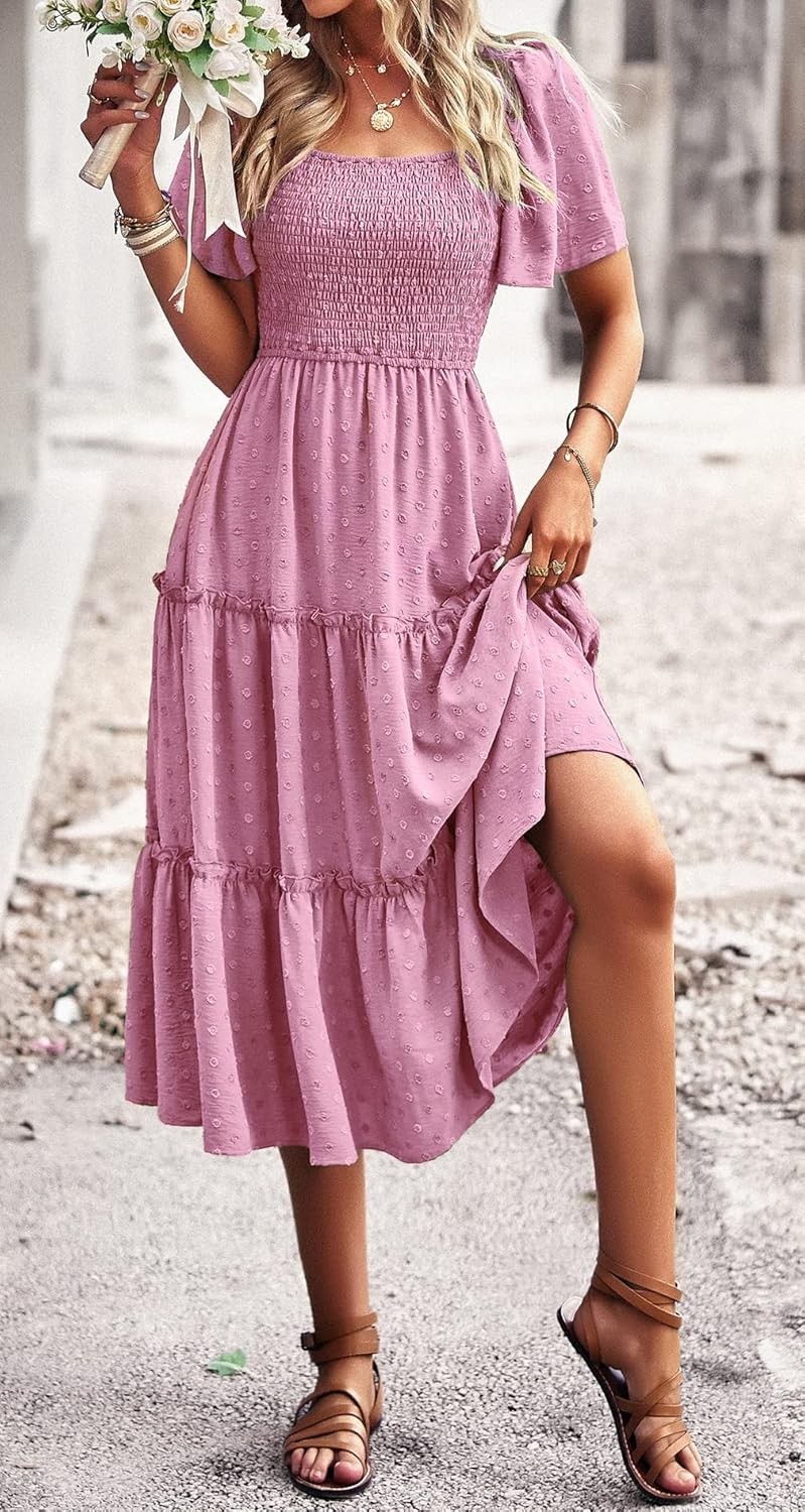 Damen Smocked Midi Kleid Kurzarm U-Ausschnitt Sommerkleid A-Linie Maxikleid Cocktail L Rosa Lila, L