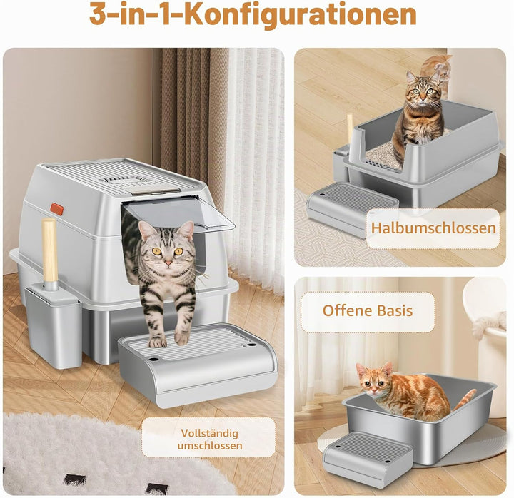Edelstahl Katzenklo XXL 37L – Geschlossene Katzentoilette für grosse Katzen, mit 120° Klappdeckel, T