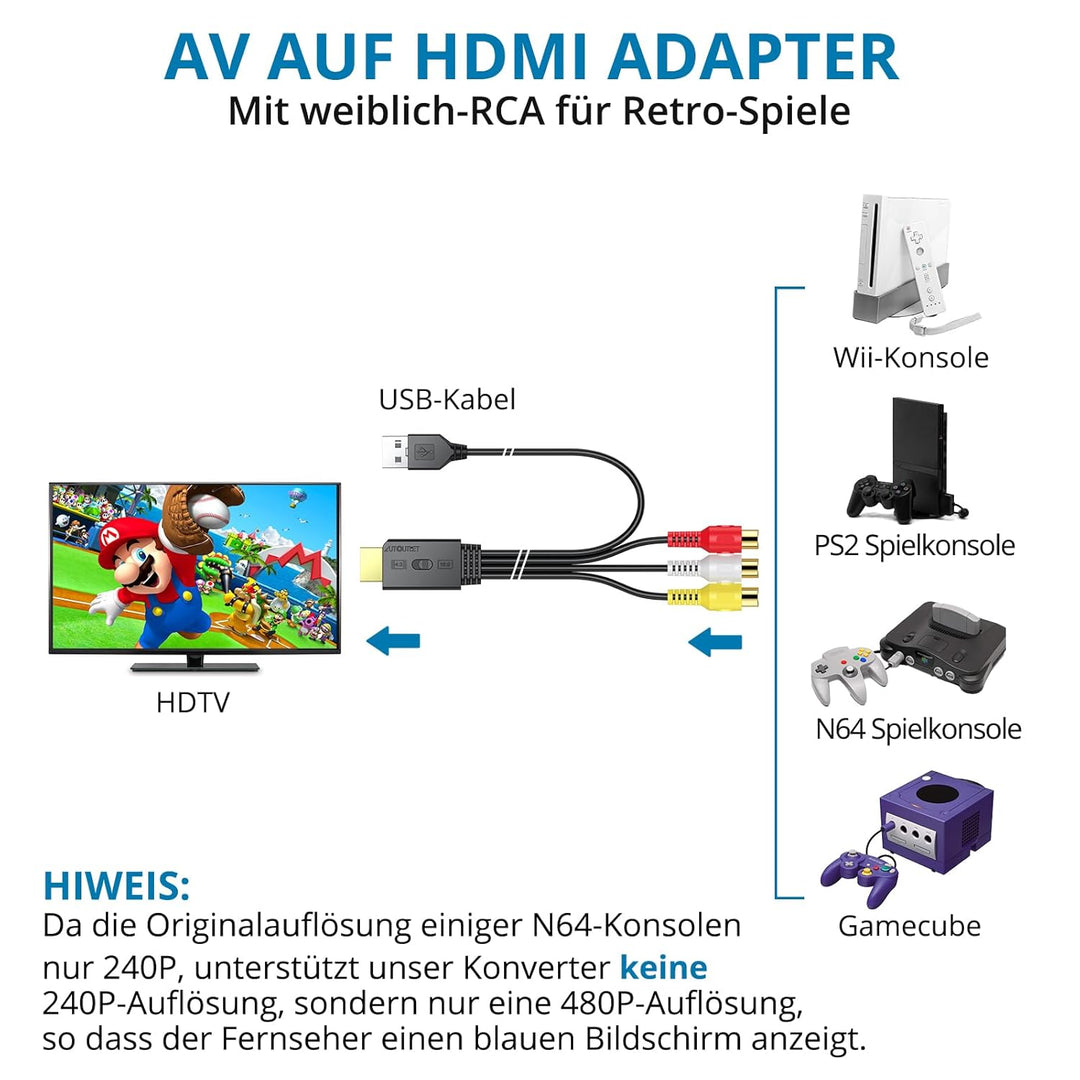 AUTOUTLET RCA auf HDMI Konverter, 1080P AV auf HDMI Adapter unterstützt 16:9/4:3 Konvertierung, PAL/