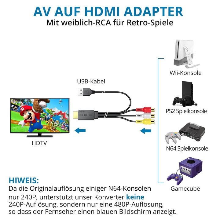 AUTOUTLET RCA auf HDMI Konverter, 1080P AV auf HDMI Adapter unterstützt 16:9/4:3 Konvertierung, PAL/