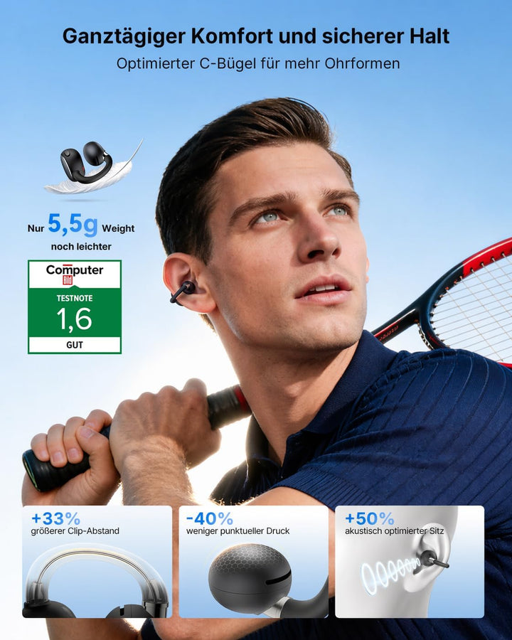 EarFun Clip 2 Open Ear Kopfhörer, Bluetooth Clip On Earbuds, Komfortabel und stabil, 12 mm Titanium-
