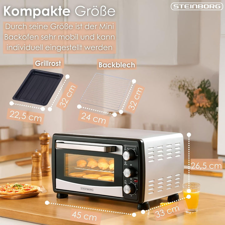 Steinborg® Mini Backofen mit Umluft 20 Liter Pizzaofen Krümelblech Umluftfunktion Ober- und Unterhit