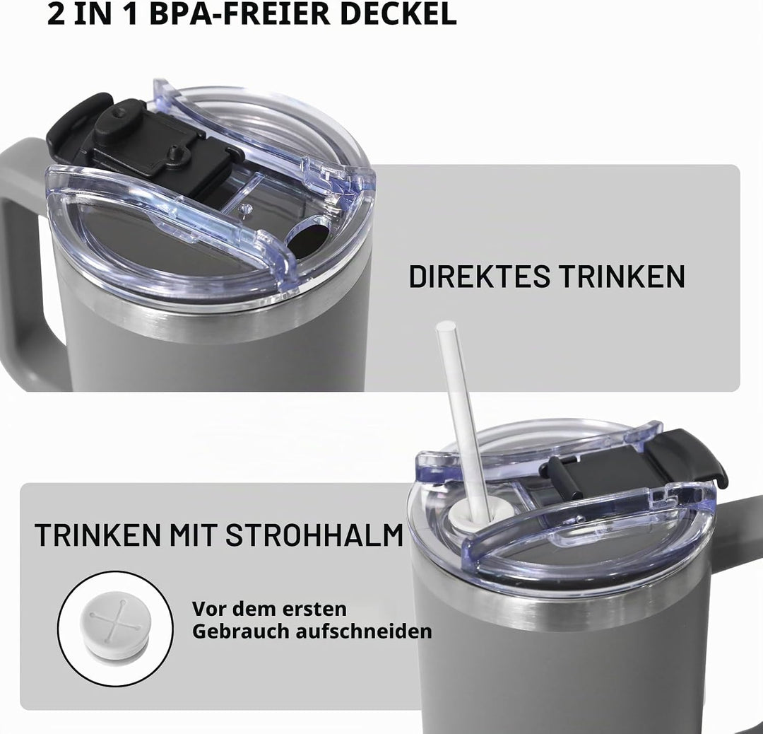 HNCY Thermobecher mit 2-in-1-Deckel 1180ML, Kaffeebecher to go Thermo, Trinkbecher mit Deckel und St