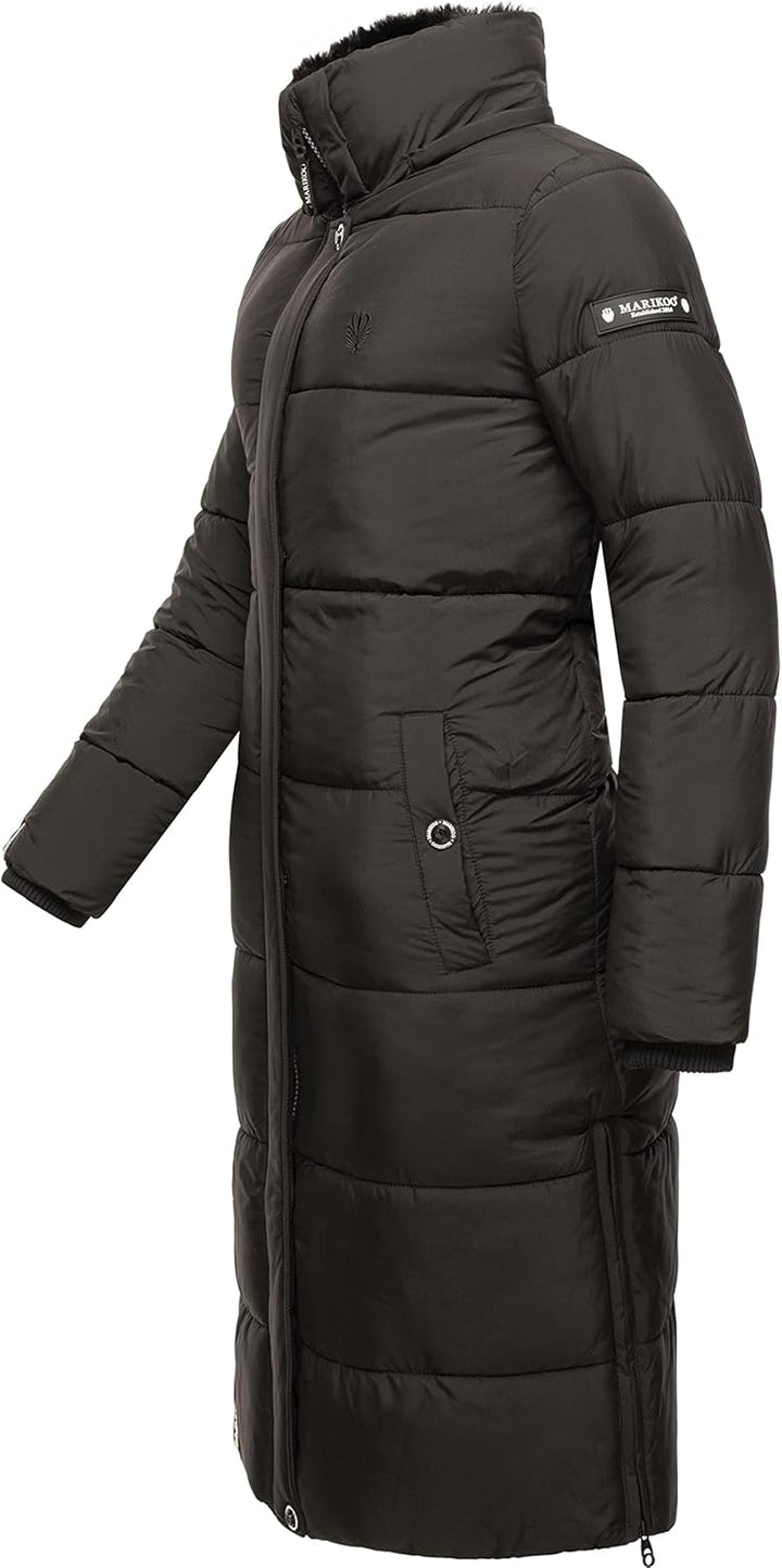 MARIKOO Damen Wintermantel Warmer Steppmantel lang mit Abnehmbarer Kapuze Reliziaa XS-3XL XL Schwarz