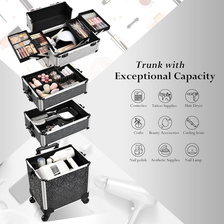 Kosmetik Trolley 4 in 1 Kosmetikkoffer Trolley Make up Koffer Gross Friseurkoffer mit Rollen Schmink