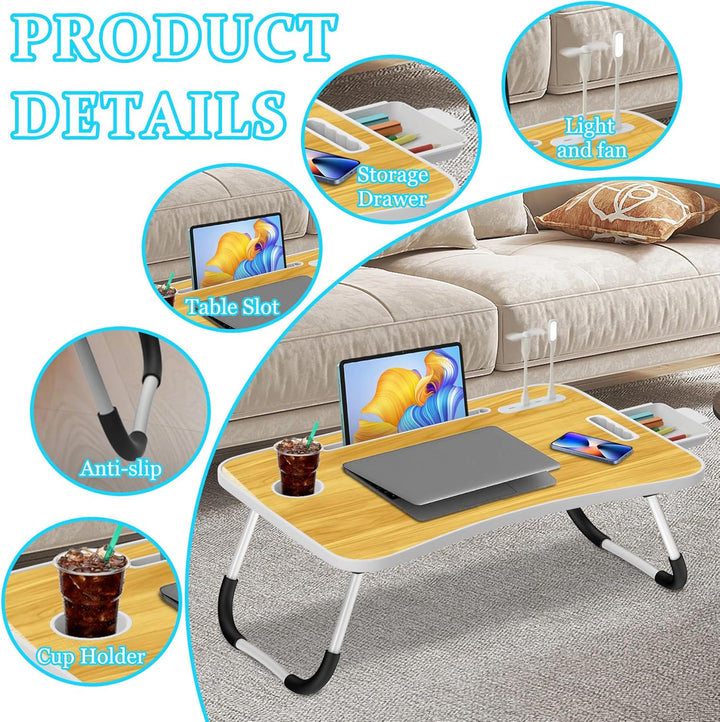 Soontrans Laptoptisch, 60 x 40 x 28 cm, Laptop Tisch mit Schublade, Getränkehalter, Kleiner Ventilat