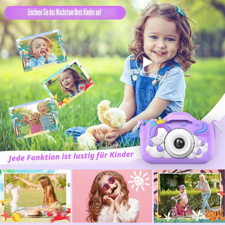 HOOMOON Dinosaurier Kamera für Kinder, Selfie-Kamera, Spielzeug, Mädchen, Jungen, SD-Karte 32 GB, HD