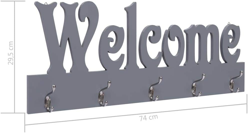 Wandgarderobe mit Ablage - WELCOME Grau 74 x 29,5 cm mit 4 Haken, MDF + Kupferhaken - Vintage Wandre