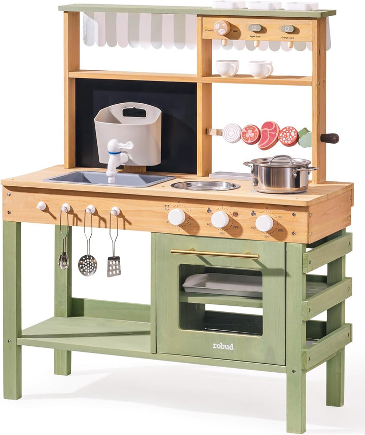 ROBUD Hölzerne Matschküche für Kinder, 17 PCS Pretend Play Kitchen Set mit Wasserspüle, Tafel & Küch