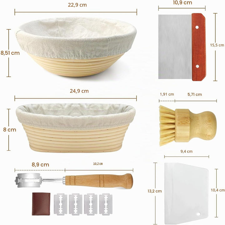 Banneton Brotgärkörbchen-Set für Sauerteigbrotbacken: 23cm runde &amp; 25cm ovale Rattan-Gärkörbchen mit