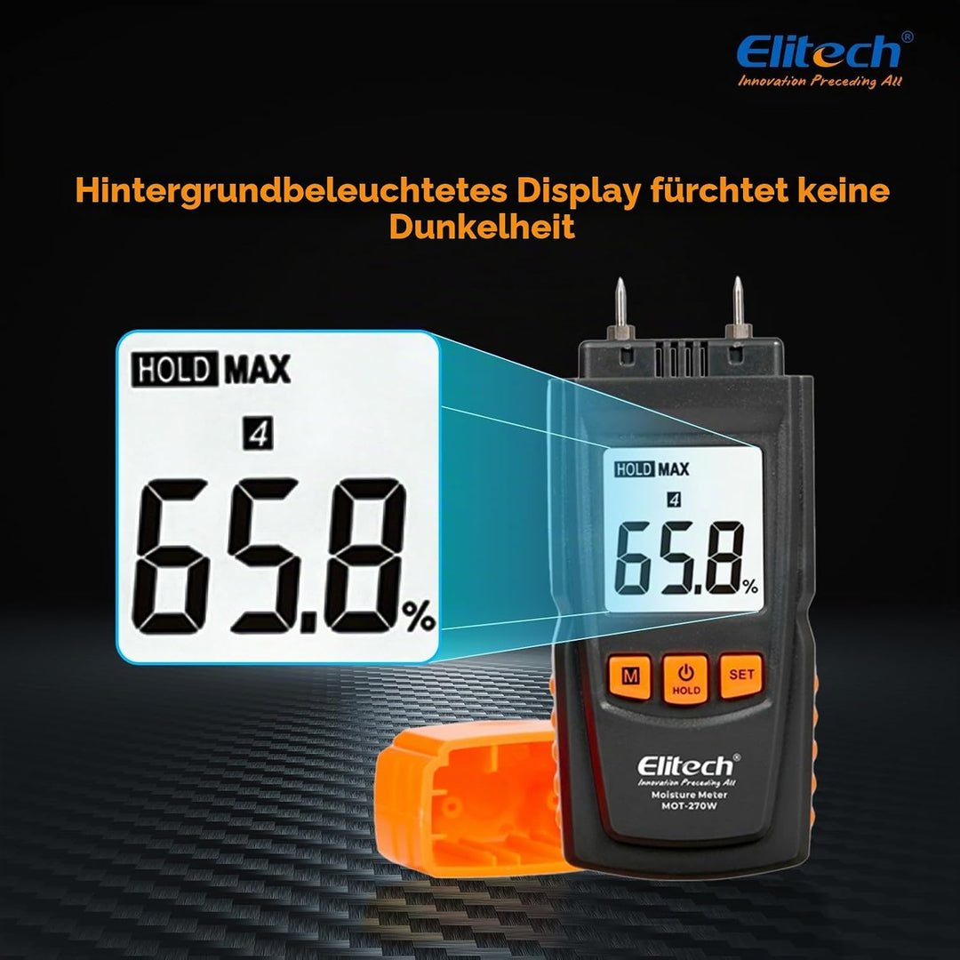 Elitech Holzfeuchtemessgerät Digital, 4 Holzarten, ±2% Genauigkeit, 9,8 mm Sonden, Feuchtigkeitsmess