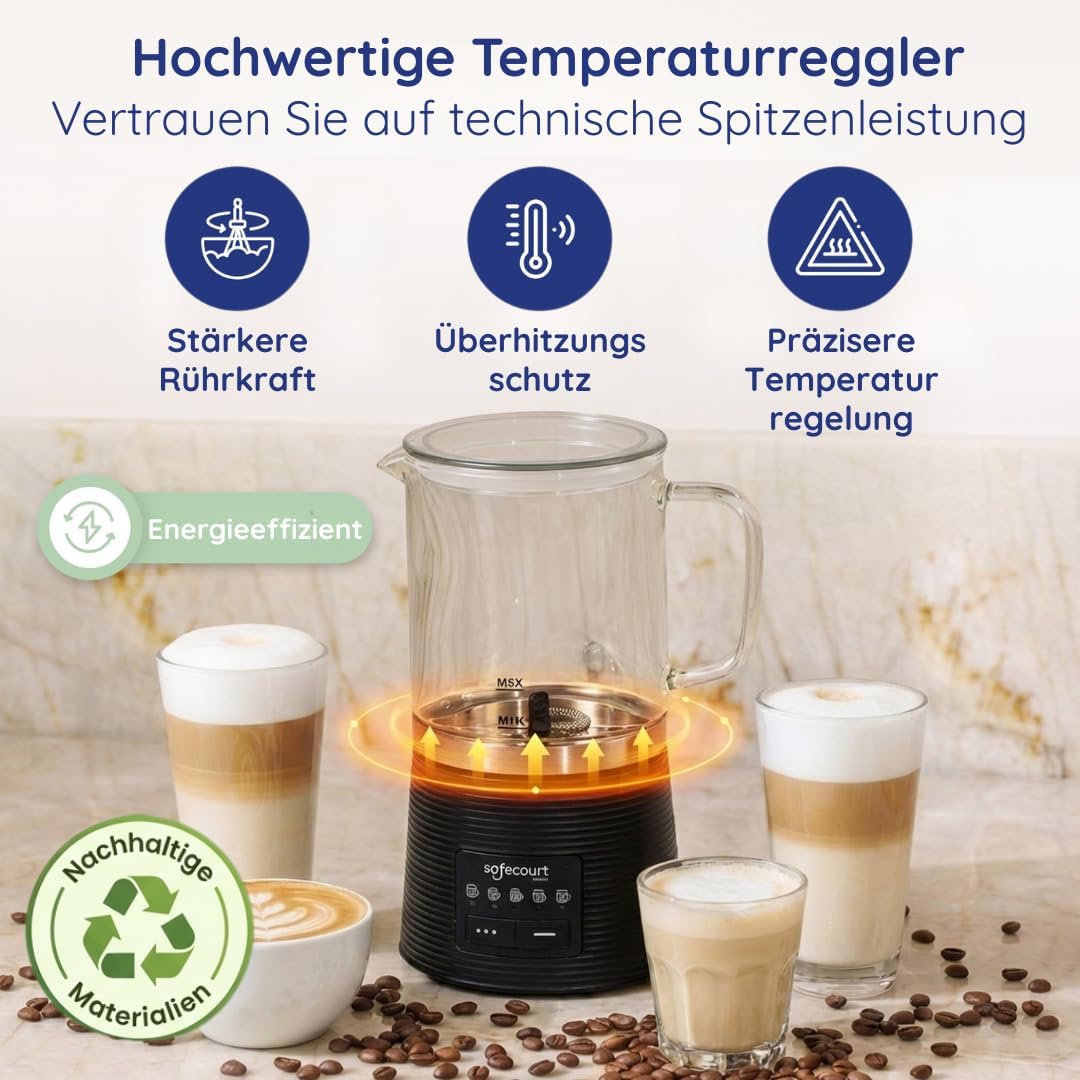 Safecourt Elektrischer Milchaufschäumer – herausnehmbarer Glasbehälter [500ML & 100% mikroplastikfre