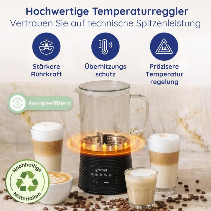 Safecourt Elektrischer Milchaufschäumer – herausnehmbarer Glasbehälter [500ML & 100% mikroplastikfre