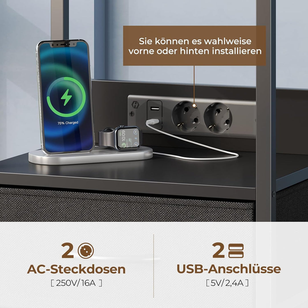 Rolanstar Nachttisch mit Ladefunktion, Beistelltisch mit LED-Leuchten, 2 Stoffschubladen & 3-stufige