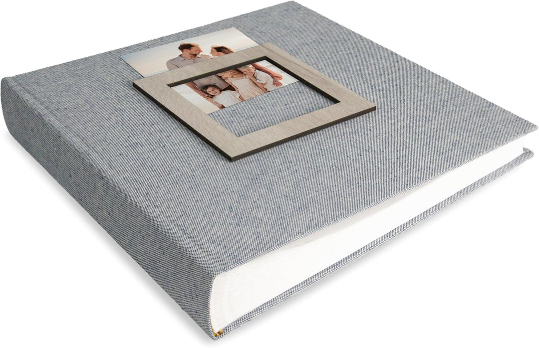 Mareli Fotoalbum, 31 x 31, 80 Seiten mit Seidenpapier, Einband aus blauem Leinen mit Bilderrahmen au