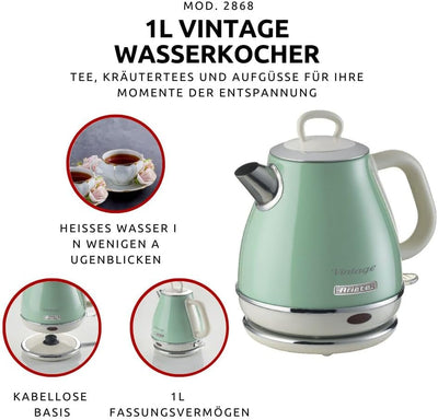 Ariete, 2868 Vintage, elektrischer Design-Wasserkocher aus Edelstahl für Aufgussgetränke, Tee und Kr