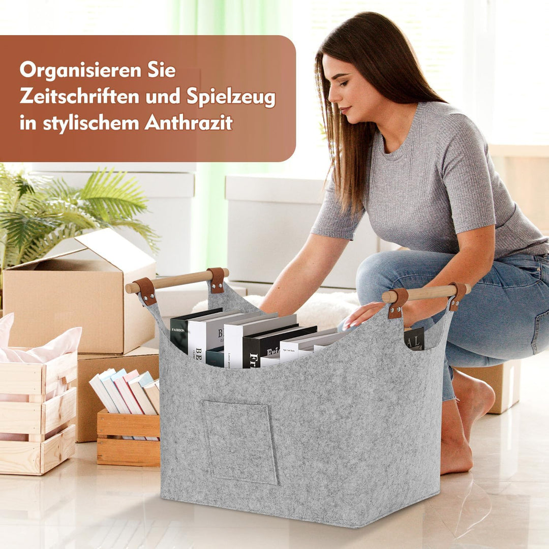Grosser Feuerholz-Korb aus 5mm starkem rPET Filz - Holzgriffe &amp; wasserabweisend für Gartenholz Lager