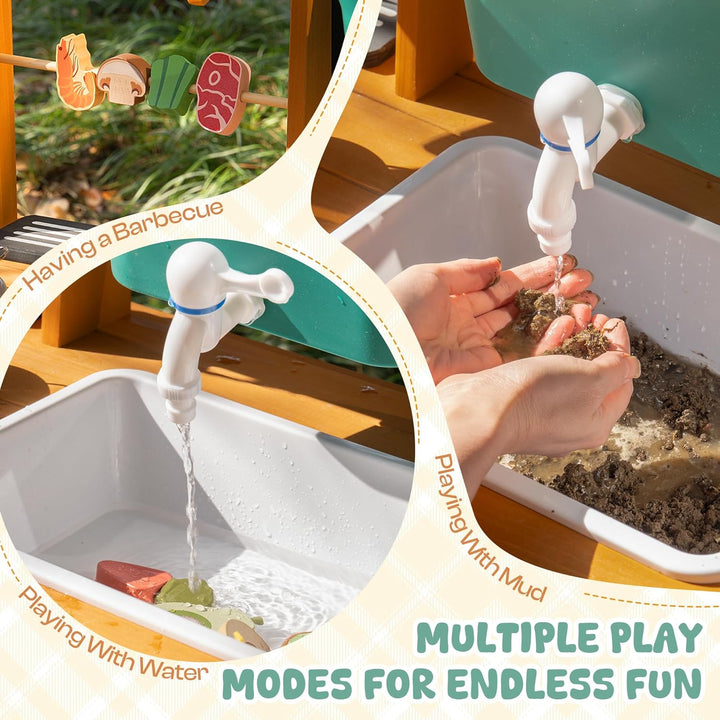 ROBOTIME Mud Kitchen Outdoor Spielset für Kinder, Spielküche mit rollenden Rädern, Schiebegriff, dre