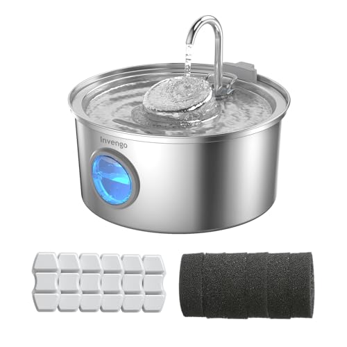 Katzenbrunnen Edelstahl und Ersatzfilter, 3.2L Ultra-Leiser Trinkbrunnen für Katze mit Wasserstandsa