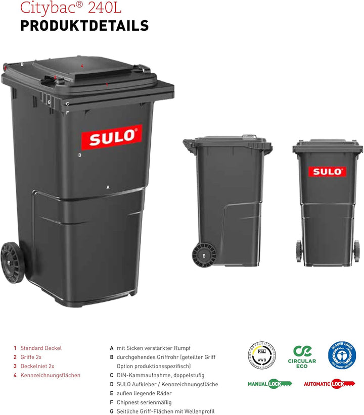 Müllgrossbehälter SULO CITYBAC 240L Mülltonne, HDPE, Blau, Abfalltonne, Standardmülltonne, deutsche