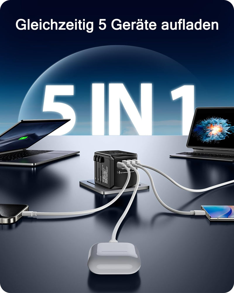LENCENT Reiseadapter Reisestecker Weltweit mit 3 USB- und 1 Typ-C Anschlüsse und AC Steckdosenadapte