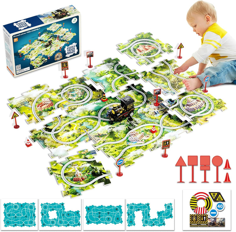 DIY Puzzle Bahn Auto-Vorwärts Zug Spielzeug 12 pcs Grosses Puzzle mit 4 Routen Spielzeugauto Autoren