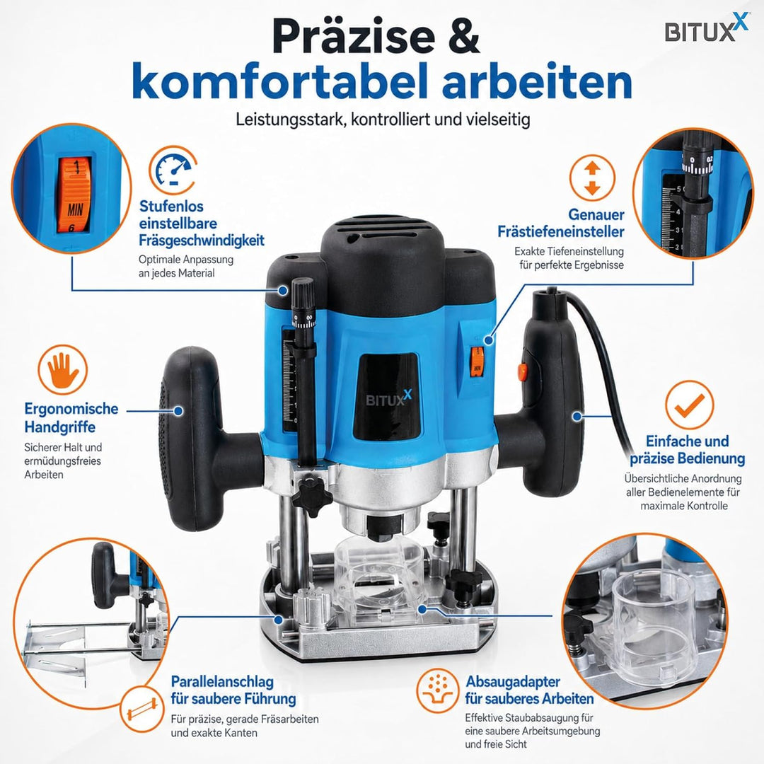 Bituxx 1200W Oberfräse Fräse Kantenfräse Holzfräse Parallelanschlag, Absaugadapter inklusive 12 tlg.