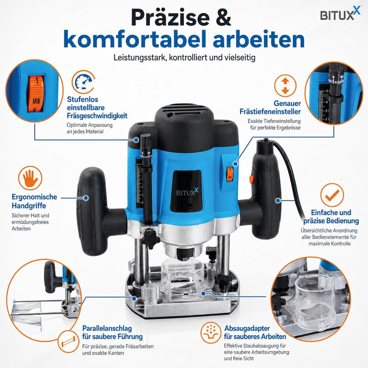 Bituxx 1200W Oberfräse Fräse Kantenfräse Holzfräse Parallelanschlag, Absaugadapter inklusive 12 tlg.