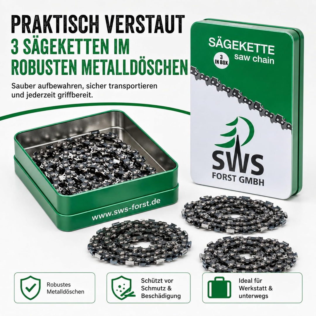 3 Stück SWS Forst Sägekette 3/8 1,3 mm Halbmeisel 57 Treibglieder kompatibel mit DOLMAR, ECHO, EINHE