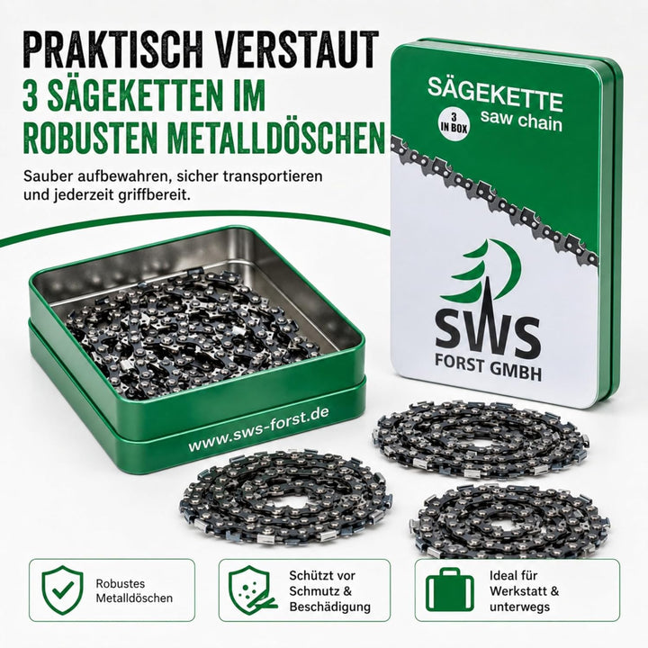 3 Stück SWS Forst Sägekette 3/8 1,3 mm Halbmeisel 57 Treibglieder kompatibel mit DOLMAR, ECHO, EINHE