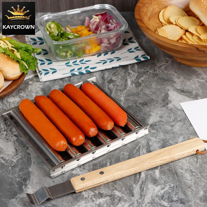 KAYCROWN Hot Dog Roller Edelstahl Wurstroller Rack mit extra langem Holzgriff, BBQ Hot Dog Griller f
