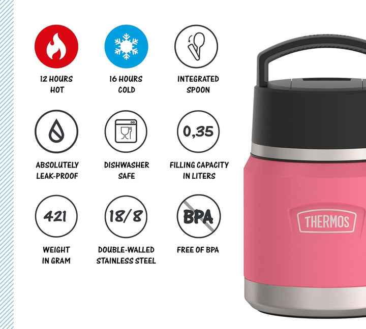 Thermos ICON Kids Thermobehälter für Essen 0,35l, pink, Edelstahl, absolut dicht, hält Speisen 12h h