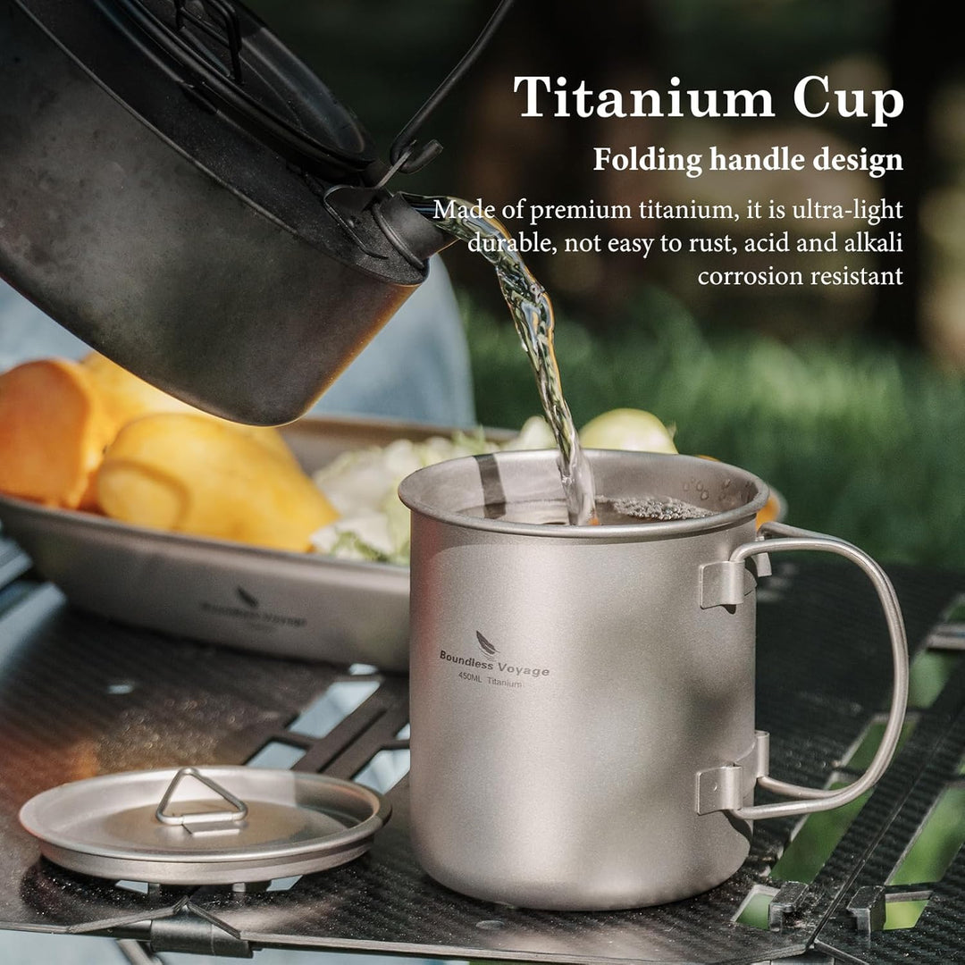 iBasingo 450ml Camping Becher Outdoor Tasse Titan Trinkbecher Mug mit Deckel & Klappgriff Ultraleich