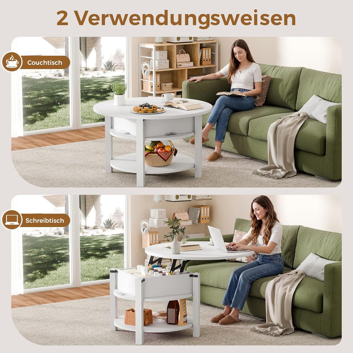ELUCHANG Couchtisch Rund mit Hebeplatte, Couchtisch Höhenverstellbarer 2 in 1, Beistelltisch Wohnzim