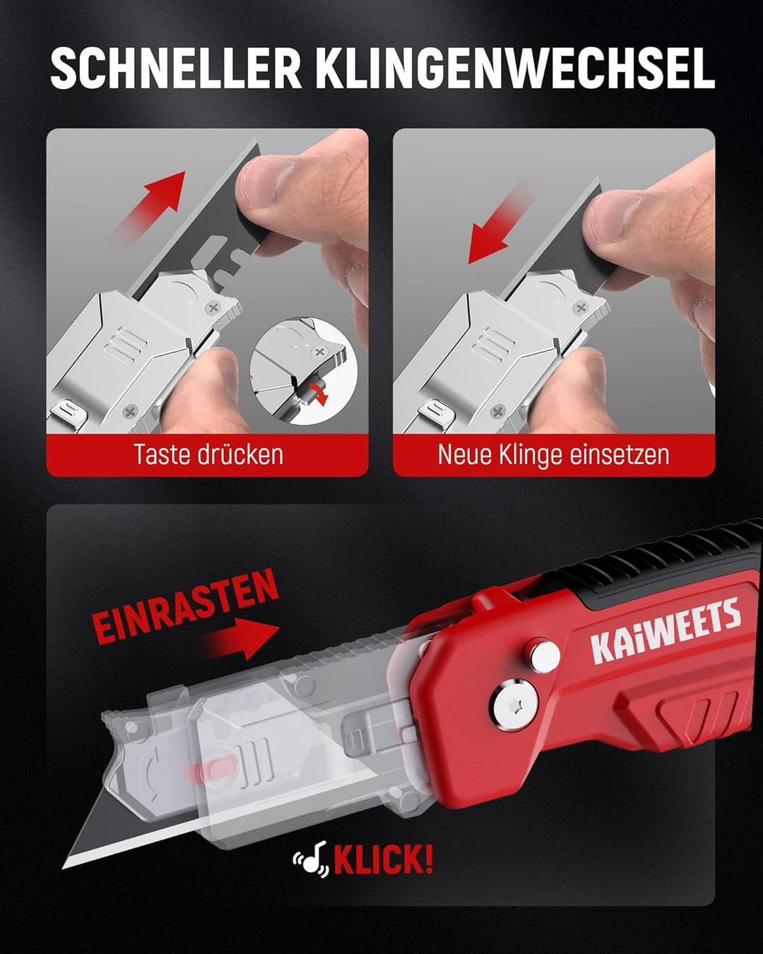 KAIWEETS 2-in-1 Cutter-Messer mit Schaber, Klappbares Universalmesser mit 3-Winkel-Verriegelung, Zin